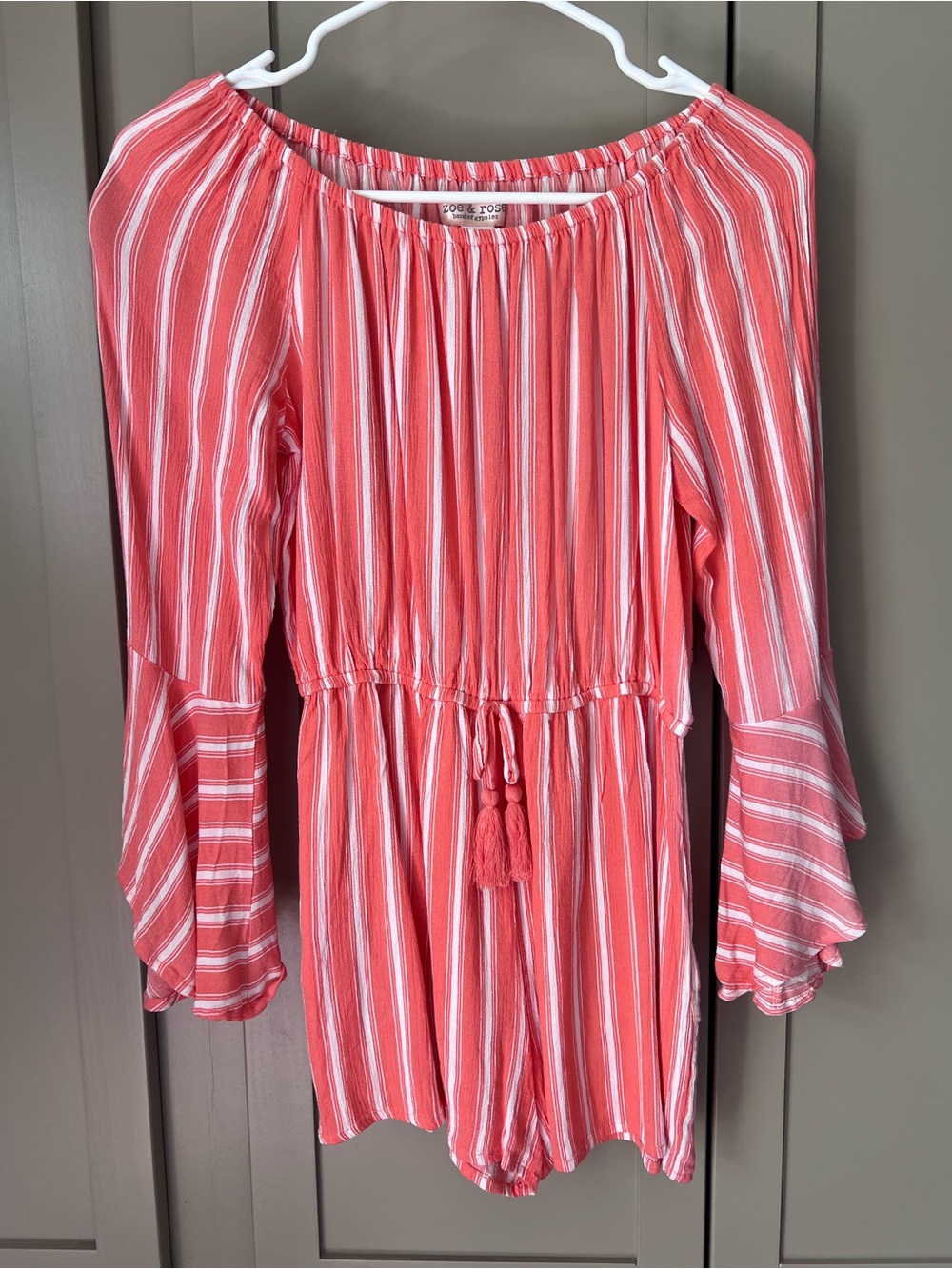 Girls Coral and White Striped Off-Shoulder Romper with Tassel Tie - Size Large